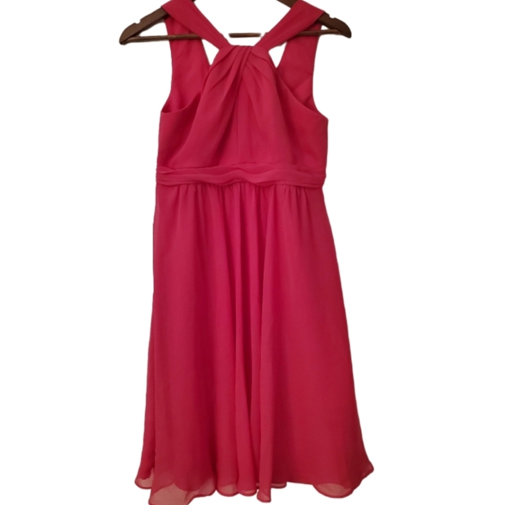 David's Bridal High Neck A- line short chiffon hot pink dress 6 NWT